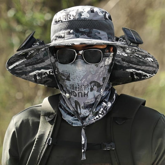 Outdoor solar fan hat with dual power supply and sun protection for fishing and outdoor activities